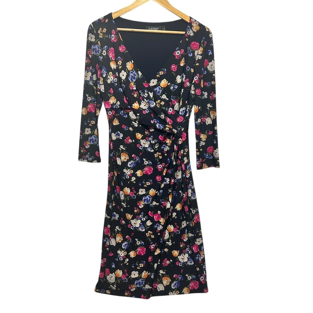 Lauren Ralph Lauren Women Faux Wrap Dress 8 Navy Floral Jersey Romantic Cottage